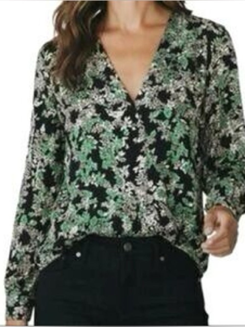 WHBM Floral V-Neck Blouse with Green and White Print